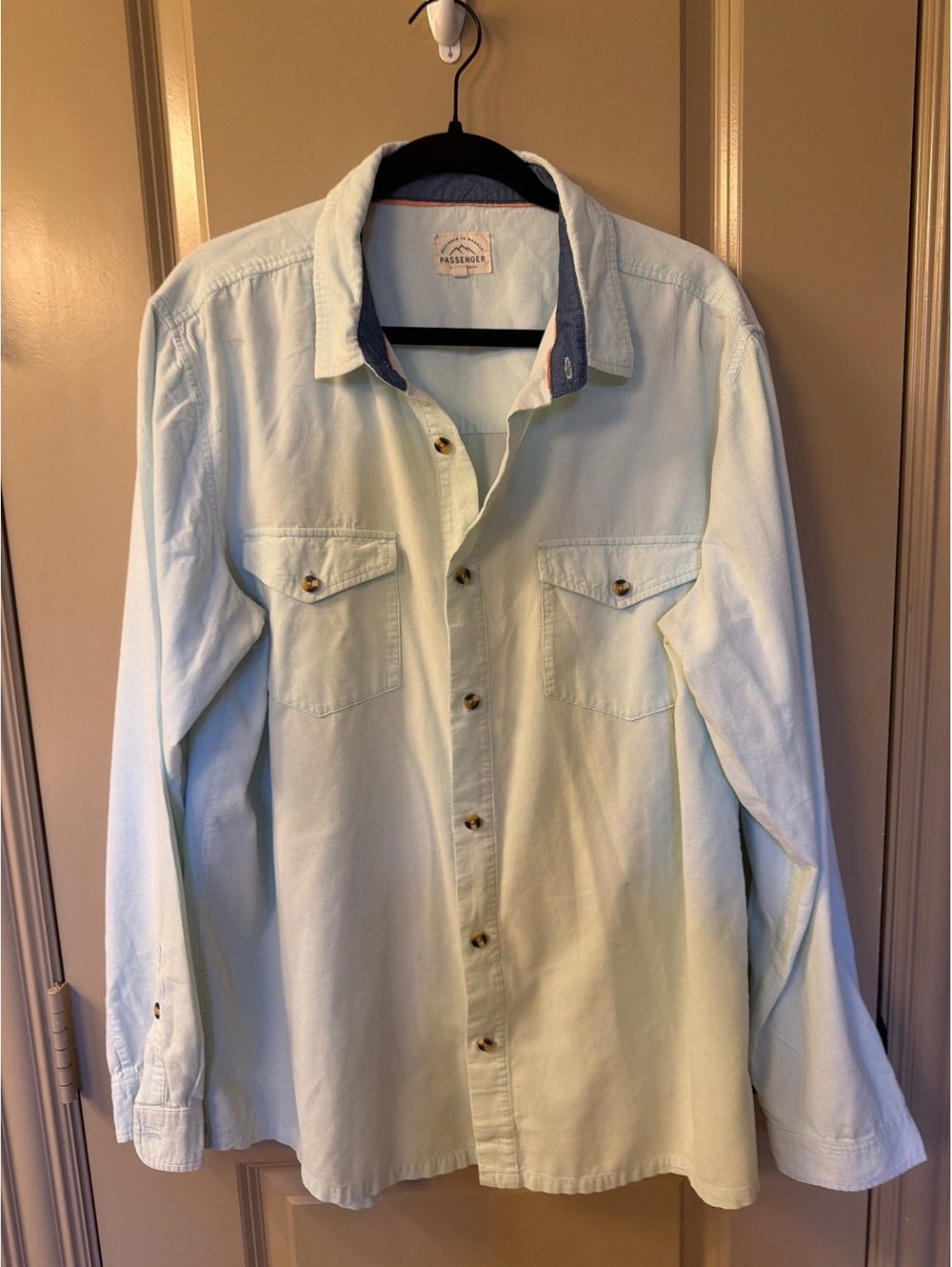 Passenger Light Blue Corduroy Button-Up Shirt with Chest Pockets, Men's Size L